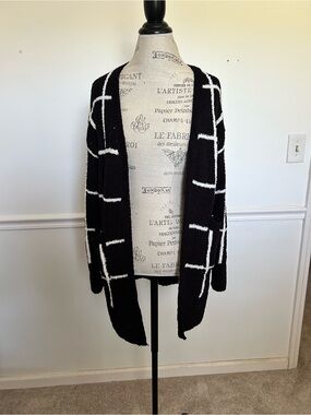 Black and White Windowpane Open-Front Cardigan